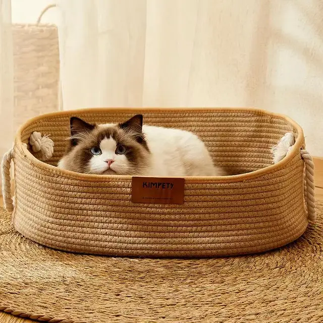 Japanese Pet Cat Bed Oval Shape Hand Woven Rattan Cat Beds Summer Cooling Kitten Basket Cotton Rope Cat Scratching Baskets 3