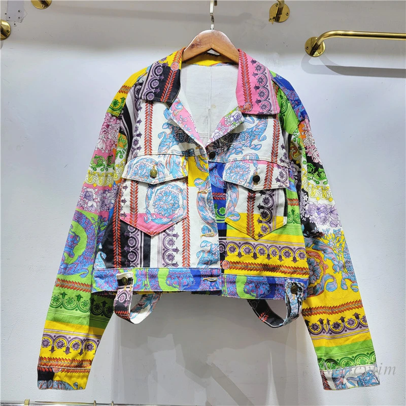 Retro Printed Jacket for Women European Style Denim Clothing 2024 Spring New Turn Collar Slimming Loose Short Coat printed denim shorts for women european 2023 summer new fashion all match high waisted jeans slim stretchy wide leg hot pants