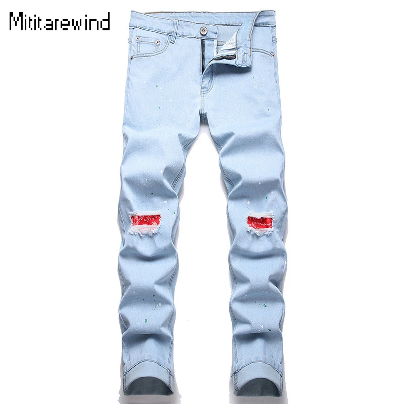 

High Street Patch Ripped Jeans Men Four Seasons Casual Denim Pant Personalized Spot Paint Straight Jeans Youth Fashion Trousers