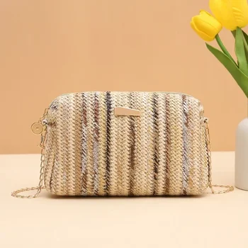 Rattan Stricken Frauen Strohs ack Strand Sommer kette kleine Geldbörse und Handtasche weibliche Schulter Umhängetaschen Reise Design Klappen tasche — изображение 6