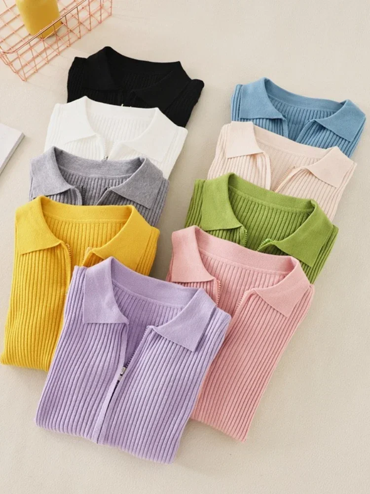 2025 Autumn and Winter New Knitted Bottoming Shirt Solid Slim Long Sleeve Tops Polo Collar Short Sweater Cardigan Women Clothing