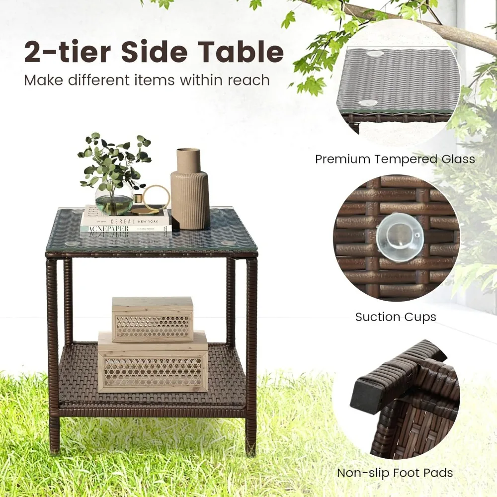 3 Pieces Rocking Wicker Bistro Set, Outdoor Front Porch Rocker Chairs Conversation Set with 2-Tier Tempered Glass Coffe 5