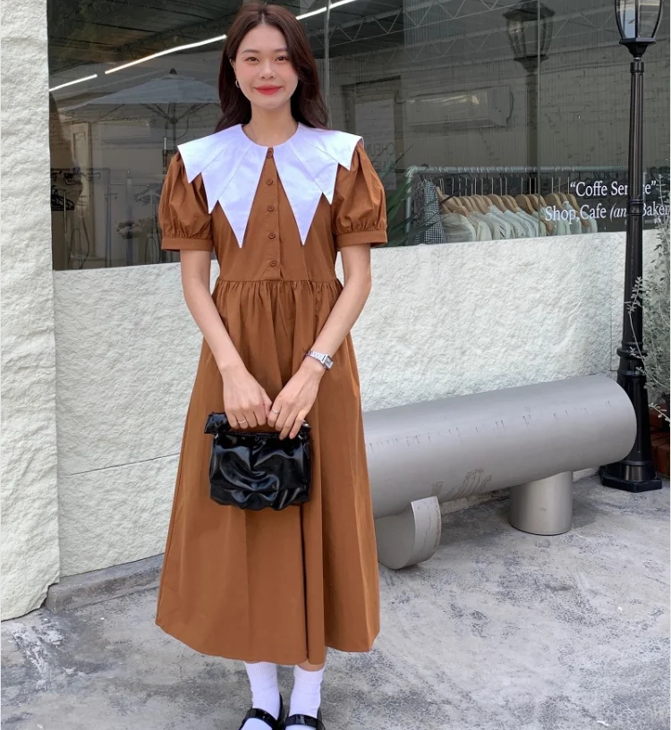 

WTIANYUW Korean Style New 2022 Summer Women Chic Fashion Turn Down Collar Puff Sleeve Single Breasted Casual Loose Long Ddress