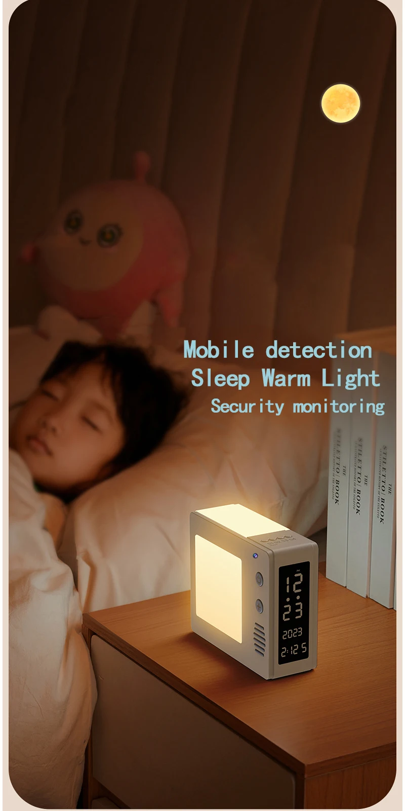 A child sleeps next to a nightstand with the Night Light Clock SpyCam emitting a warm light. The clock displays the date, time, and temperature. Text reads, "Mobile detection, Sleep Warm Light, Security monitoring.