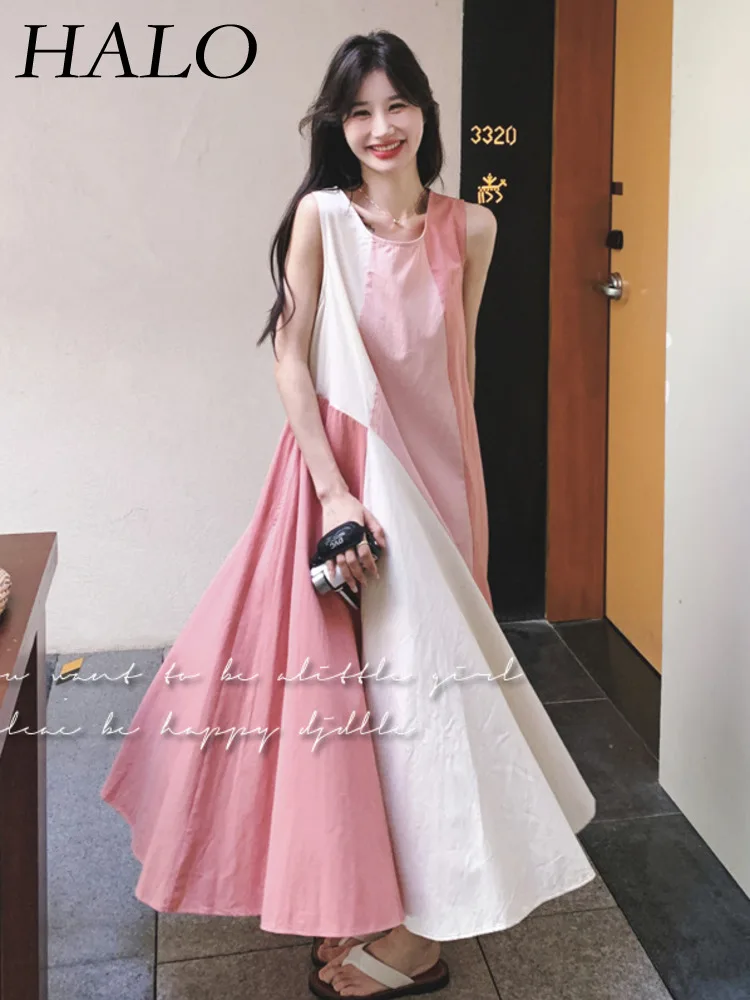 

HALO Pink Color Patchwork Large Skirt Hem Sleeveless Long Dress 2024 Summer New Fashionable Temperament Appears Slim