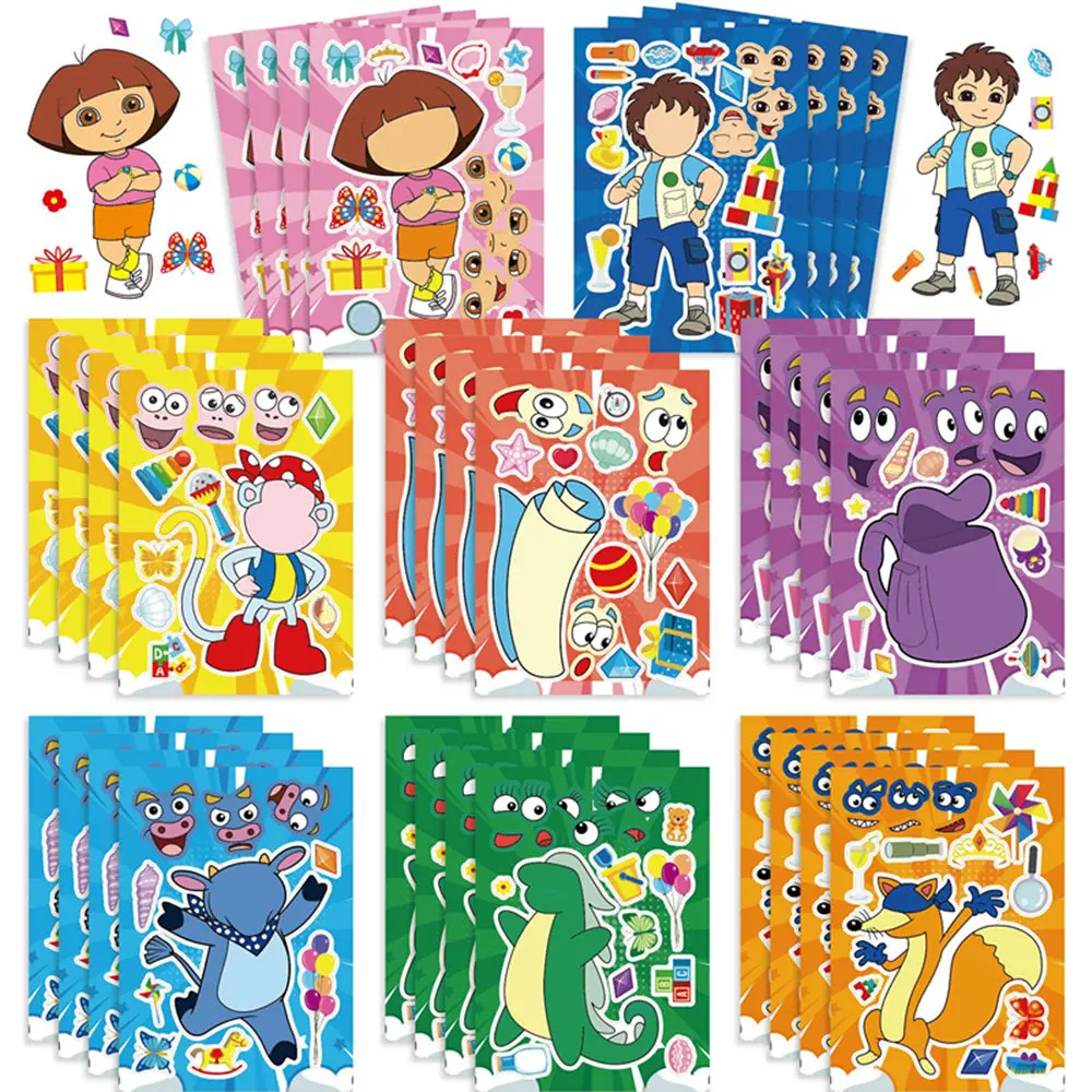 

16 sheets Dora Children Puzzle Stickers Make-a-Face Funny Assemble Jigsaw DIY Cartoon Sticker Kids Educational Toys