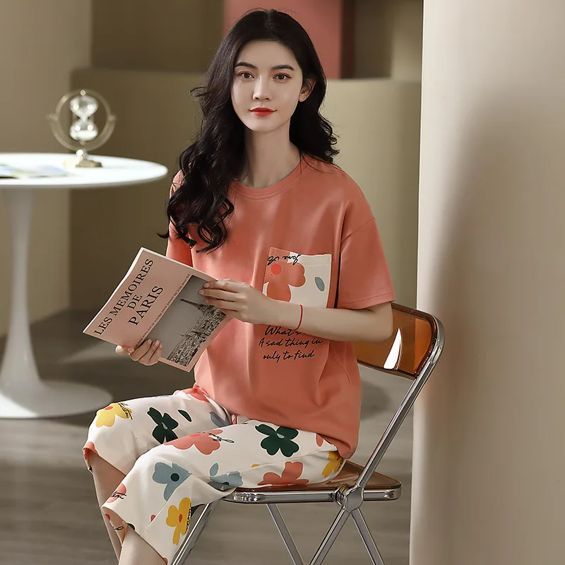 Summer Women's Thin Knitted Cotton Pajamas Short Sleeve Pullover Capris Loose Casual Home Clothing Set Cute Cartoon Sleepwear