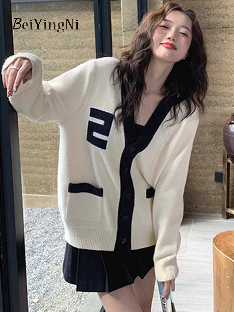 

Beiyingni Korean Oversized Cardigan Women Buttons Loose Autumn Winter Knitted Coats Female Preppy Casual V-neck Vintage Sweaters