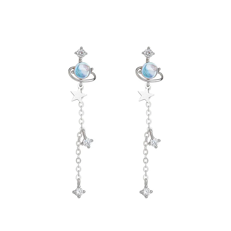 CIAXY Silver Color Star Earrings for Women Blue Space Universe Planet Zircon Circle Long Earrings Korean Fashion Jewelry - Image 5