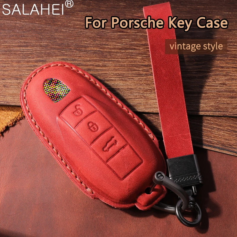 

Leather Car Key Case Cover For Porsche Macan 911 Panamera Cayenne 2018 Replacement Boxster 986 987 981 Remote Fob Shell Keychain