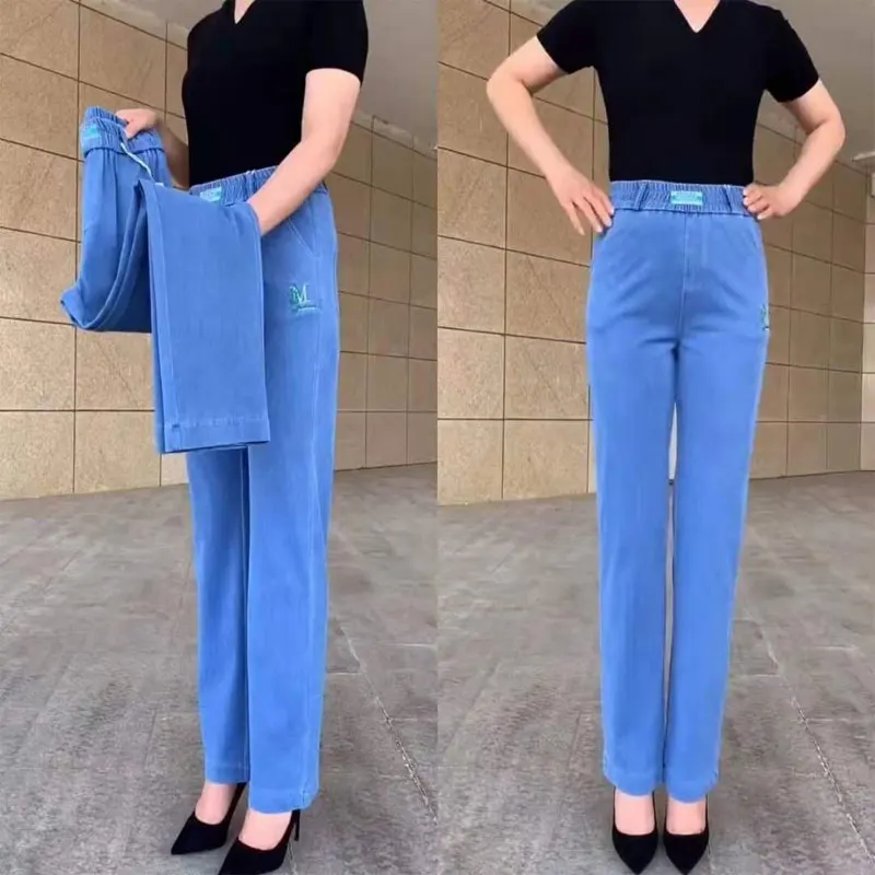 2023 Spring Summer Denim Straight Pants Elastic Women's Clothing Pockets Spliced Stylish Letter Embroidery High Waist Trousers