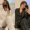 Women's Ice Silk 2 Piece Suit Pajamas Spring and Autumn Long-Sleeved Casual Striped Simple Loose Homewear Ladies Loungewear 2