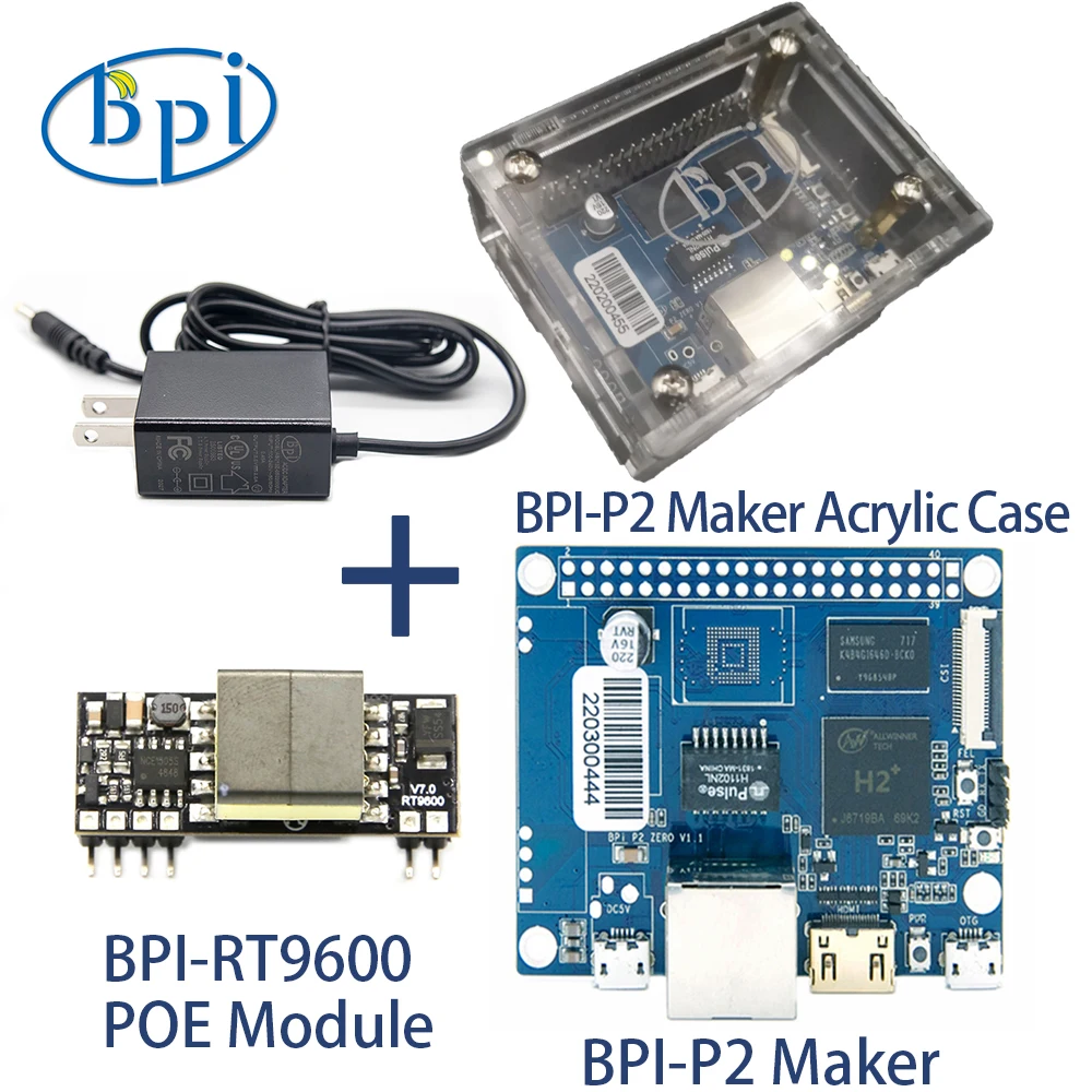 Banana Pi Bpi-P2 Maker Con Custodia Power Poe Module H2 + Quad-Core Cortex-A7 Mali400Mp2 512M Ddr3 Con Tf Card Run Android Linux