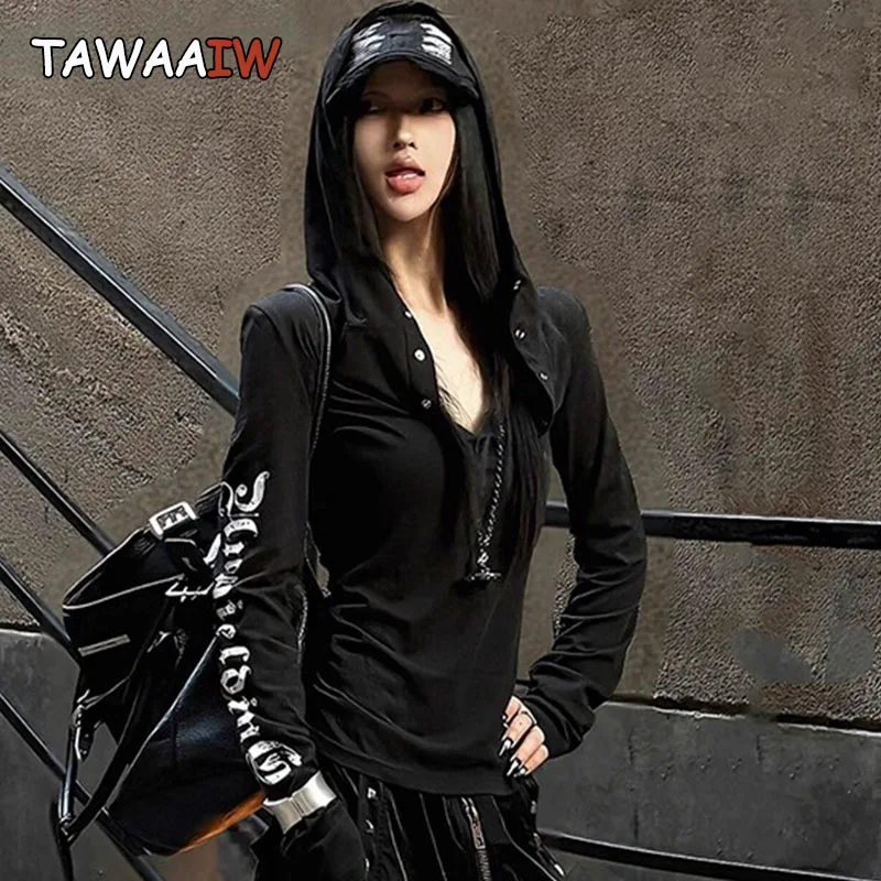 Tawaaiw Hooded Print Women's T-shirt Long Sleeve Streetwear Autumn Tops 2000s Clothes Y2k Graphic Tee Female Clothing Tshirt 1