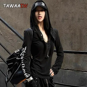 Tawaaiw Hooded Print Women's T-shirt Long Sleeve Streetwear Autumn Tops 2000s Clothes Y2k Graphic Tee Female Clothing Tshirt 1