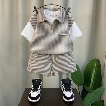 Korean Fashion Striped Short Sleeve Zipper Shirt And Shorts Two Piece Suit Baby Boys Summer Boutique Outfits Kids Sport Clothes 2