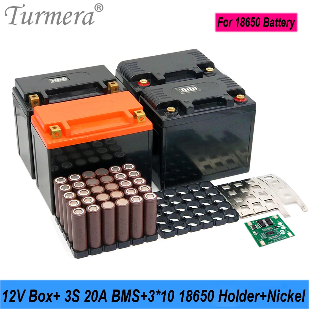 Turmera 12V 30Ah to 35Ah Motorcycle Battery Storage Box 3X10 18650 Holder 3S 20A BMS with Solder Nickel Use in Replace Lead-Acid