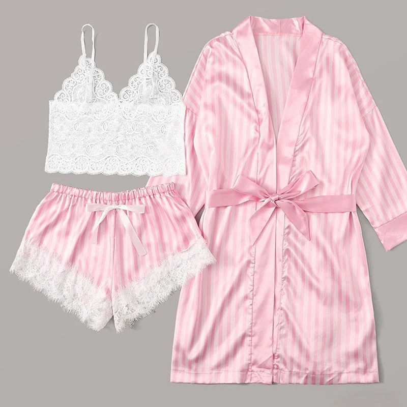 

New 3 Pieces Women Pajamas Sets Faux Silk Pajamas Sleepwear Sets Elegant Sexy Lace Fashion Casual Home Clothes Nightwear