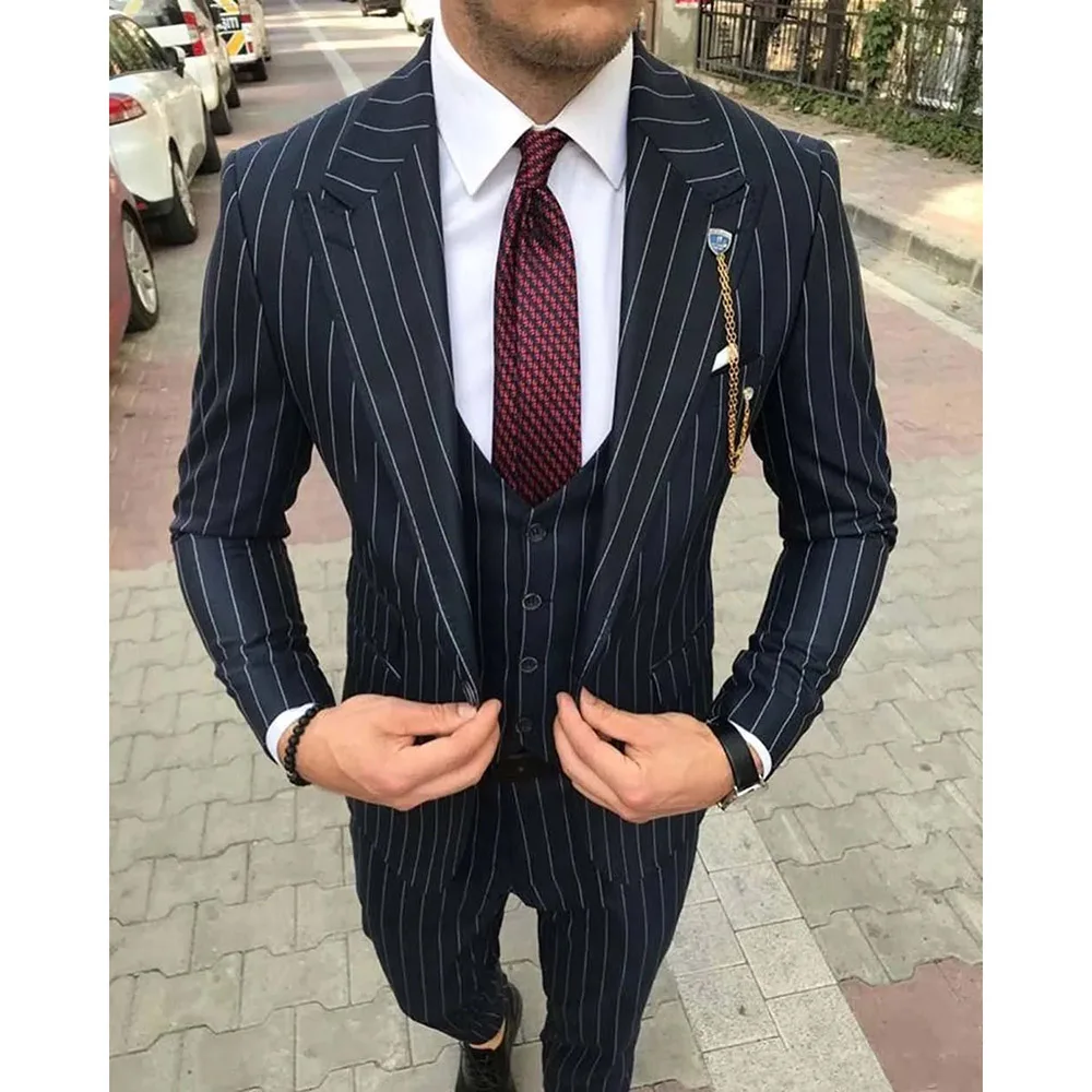 

Navy Blue Men's Suits Single Breasted Peaked Lapel Luxury 3 Piece Jacket Pants Vest Formal Business Slim Fit Outfits Blazer 2024