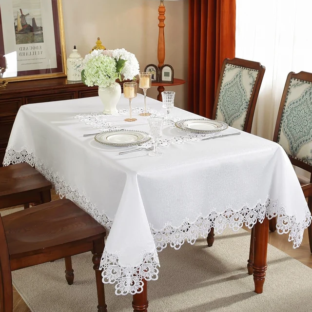 Battilo – nappe brodée en dentelle, rectangulaire, florale blanche, imperméable, pour Table à manger, fête de mariage, maison 4
