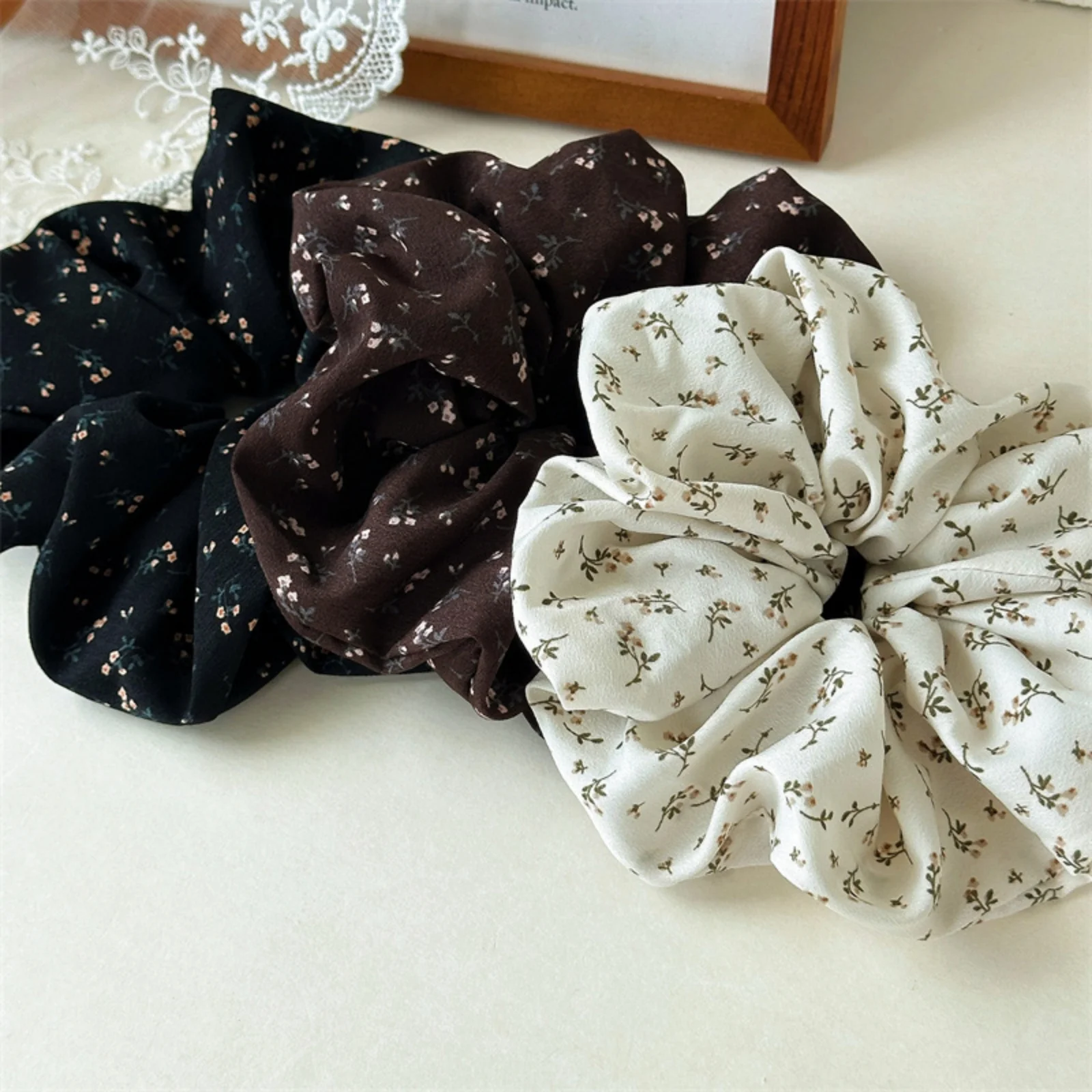Brown Floral Scrunchie, Elegant Hair Accessory for Women, Cute Hair Tie for Daily Wear