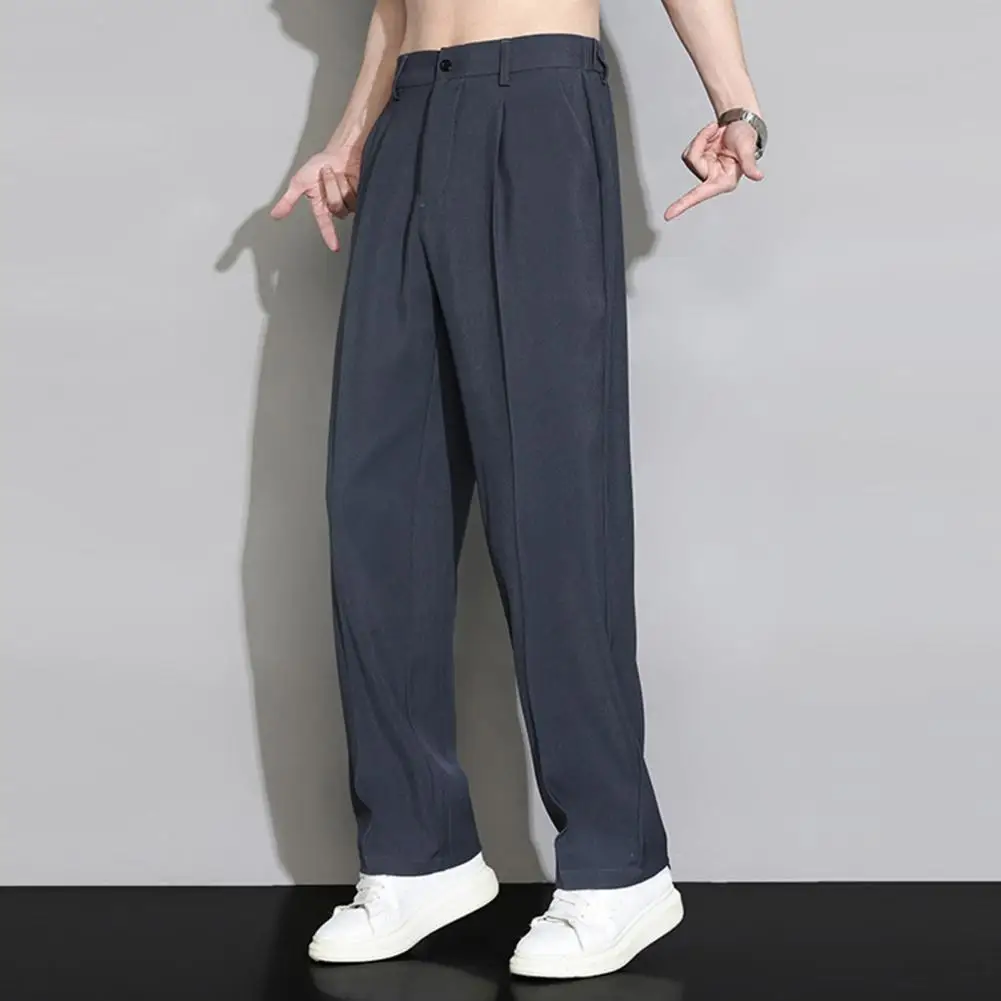 

Wide Leg Long Trousers Elegant Men's Draped Wide Leg Business Trousers Ice Silk Elastic Waist Button Fly Pockets for Casual