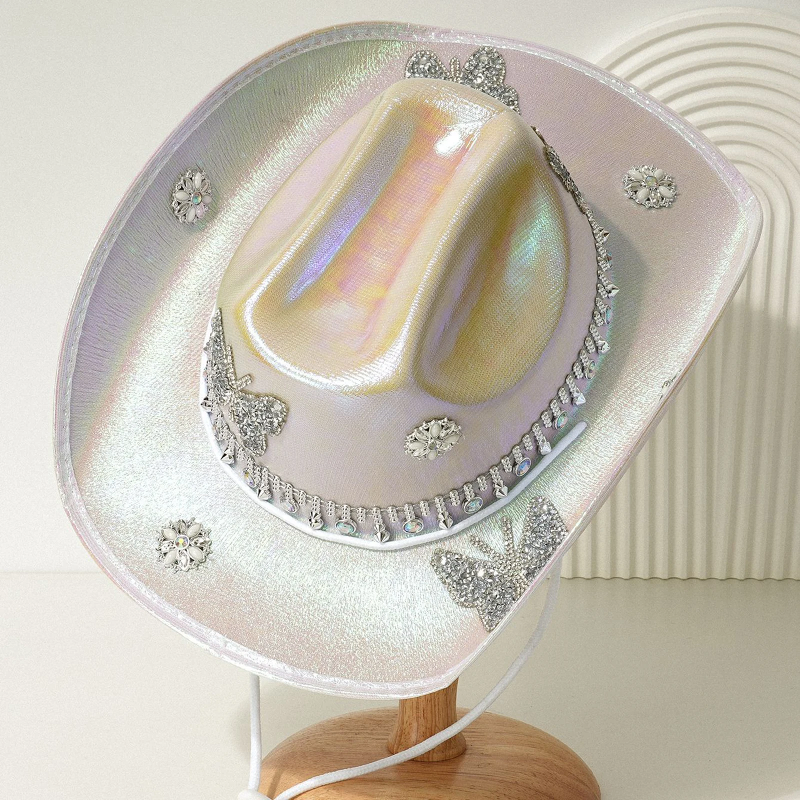 Rhinestone Butterfly Cowgirl Hat for Women Wide Brim Diamond Glitter Western Hat Cap for Wedding Music Costume Party
