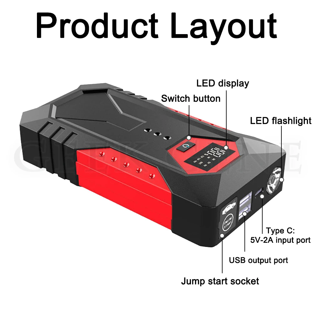 12v 18000mah Vehicles Jumper Cable Car Battery Charger Booster Car Jump  Starter Portable Intelligent Digital Display Power Bank