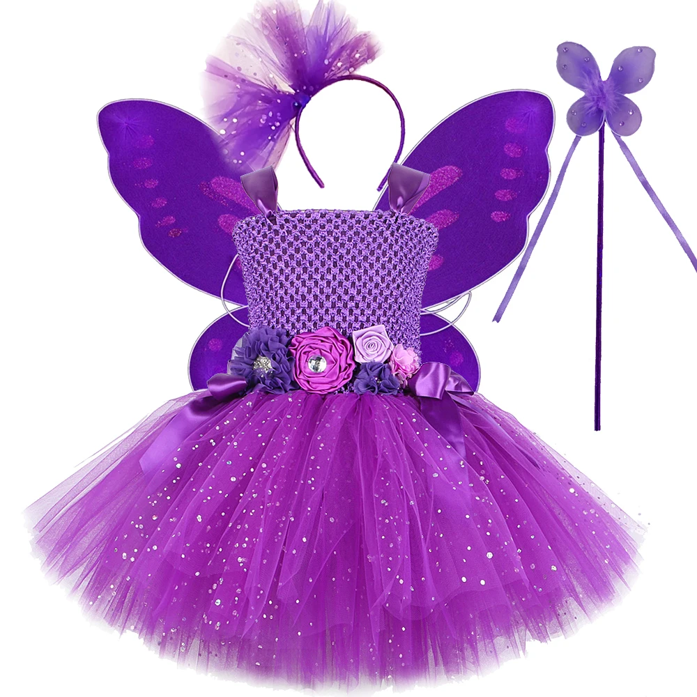 

Sparkly Purple Fairy Tutu Dress for Girls Halloween Costume Glittery Butterfly Princess Dresses with Wings Kids Birthday Outfit