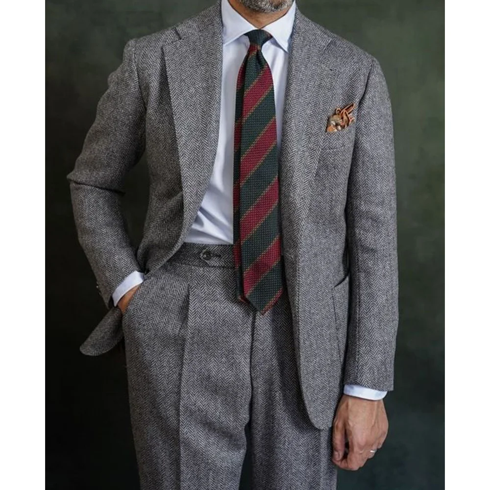 Herringbone Suit Regular Suit with Vintage Notch Lapel Two-piece Groom ...