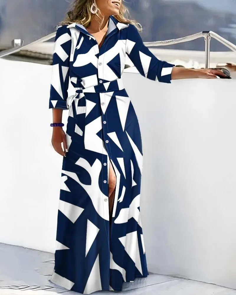 

2024 Fashion Shirt Dress For Women Long Sleeve Turn Down Collar Lace Up Print Vestidos Autumn New Casual Big Swing Long Dresses
