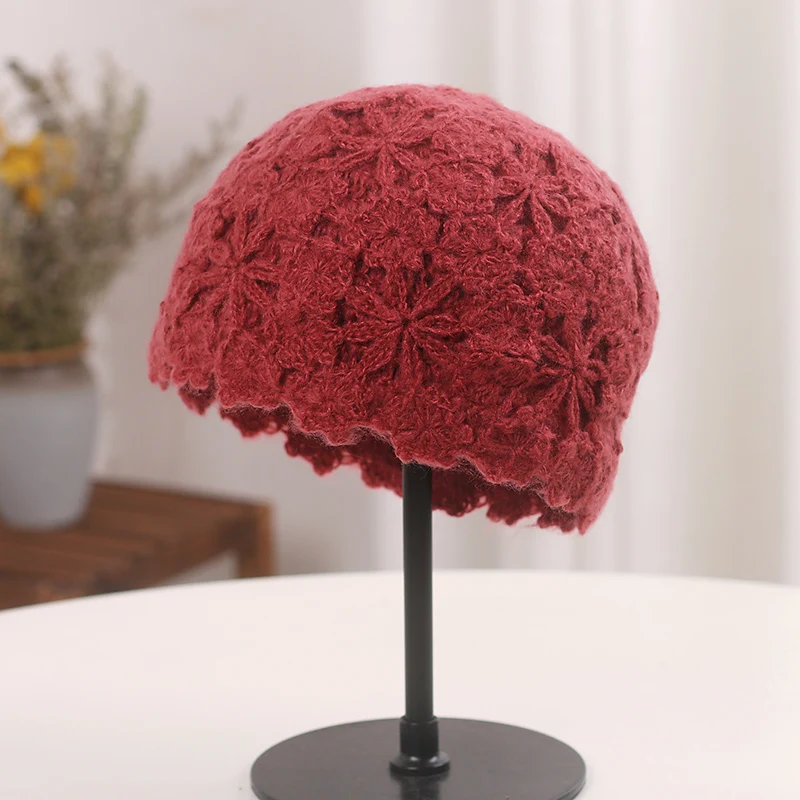Chic Knitted Hat Winter Women's Retro Literature Art Crochet Flower Hollow Out Cap Women Fashion Beret Woolen Cap Japanese Style 5