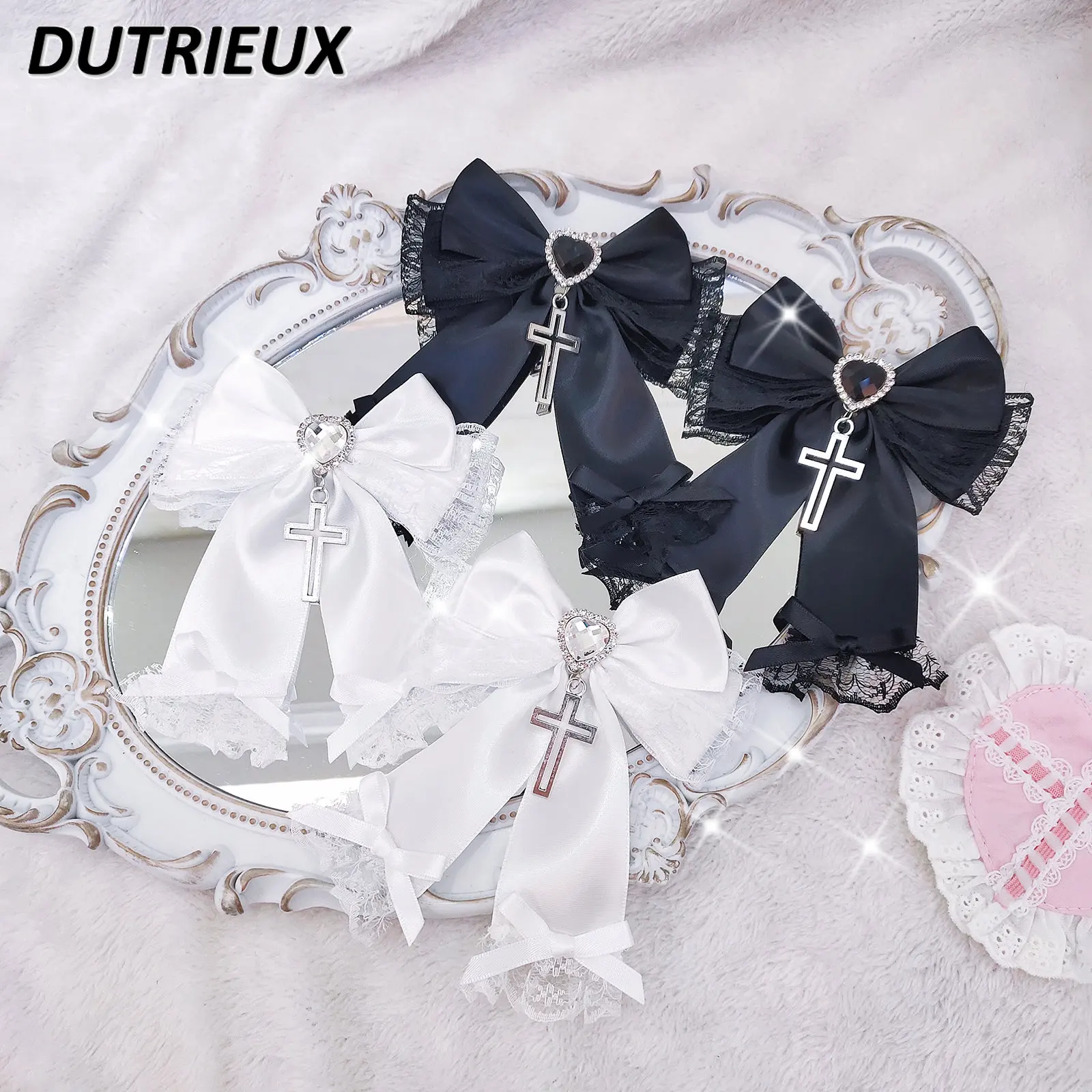 Girl Hair Clip Mine Series Mass-Produced Heart-Shaped Lace Bow Edge Clip Japanese Style Cross Lolita Hair Accessories for Women japanese cherry blossom asia sunrise pad non slip rubber base mouse pad sewn edge table pad extended mouse pad 31 5x11 8 in