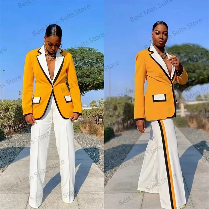 

Splicing Colors Women Suit Set 2 Pieces Yellow Blazer+Pant Formal Office Lady Prom Dress Cotton Jacket Coat Trousers Custom Made