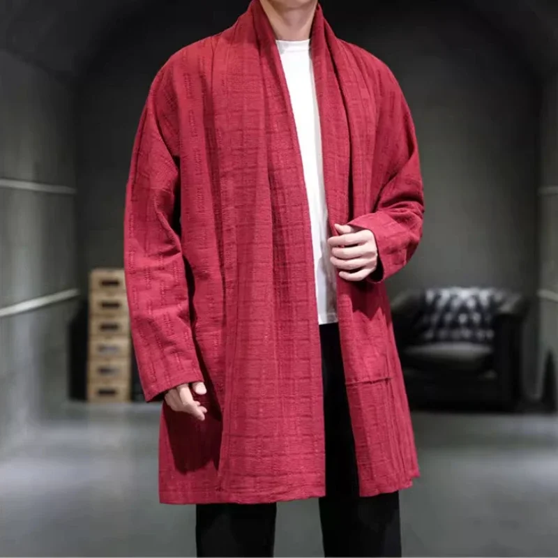 레트로 파일 칼라 긴팔 한푸 남성용 가디건, 중국 스타일, 전통 당나라 망토, 루즈 리넨 코트, 4 색