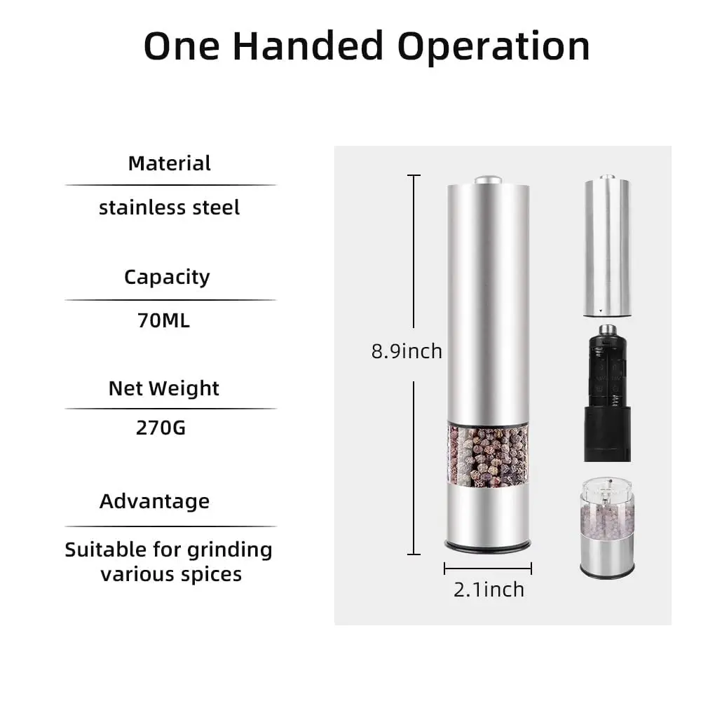 304 Stainless Steel Electric Salt and Pepper Grinder Set Battery Power Adjustable Thickness Mill with Led kitchen Grinding Tools