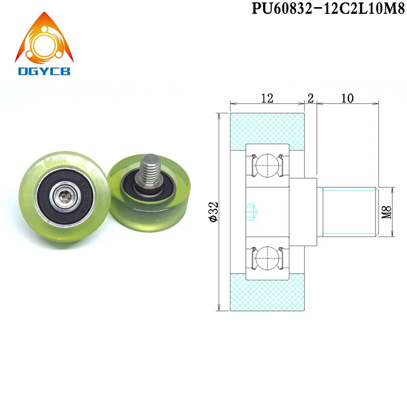 

1pcs OD 32 mm Polyurethane Sliding Rollers With Screw PU60832-12C2L10M8 Plastic-coated 608 PU Bearing With Stainless Steel Bolt