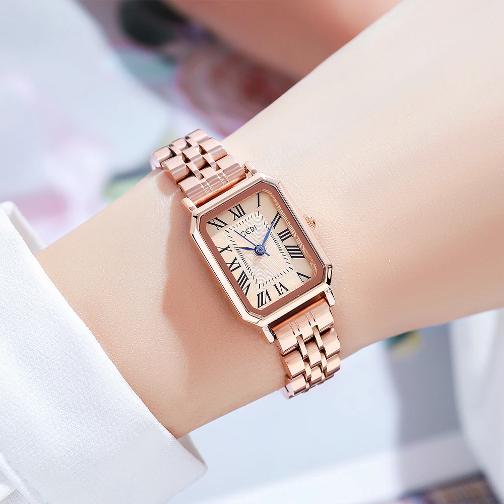 Fashion Quartz Wrist Watch for Ladies Rectangle Roman Scale Stainless Steel Bracelet 3ATM Water Resistance Luxury Ladies Watches
