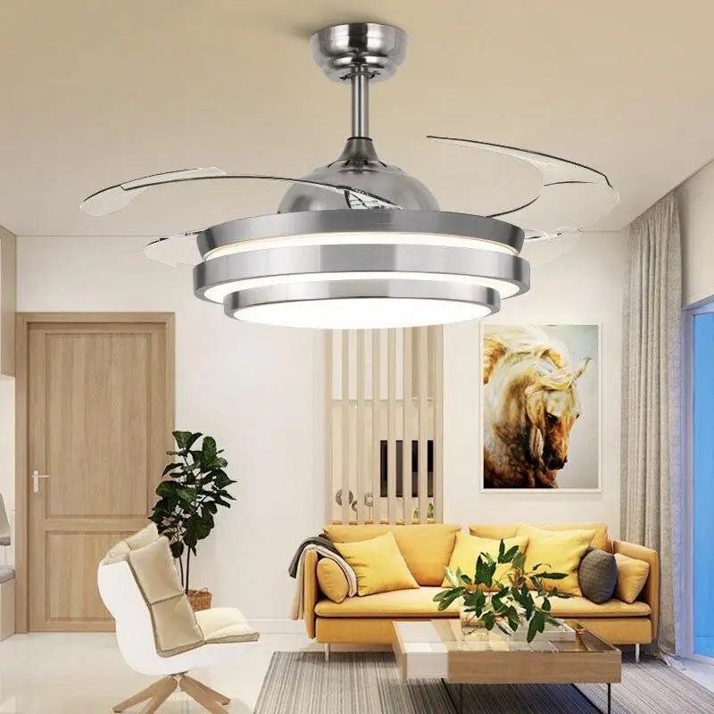 

42" Retractable Ceiling Fan Light Lamp with Remote Control LED Chandelier Ceiling Fans Pendant Lamp Indoor Invisible Fan