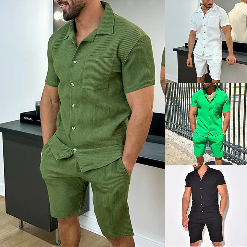 

Stylish Textured 2-piece Men's Summer Vacation Outfit Set, Men's Short Sleeve Lapel Shirt & Shorts Set, Gift For Men