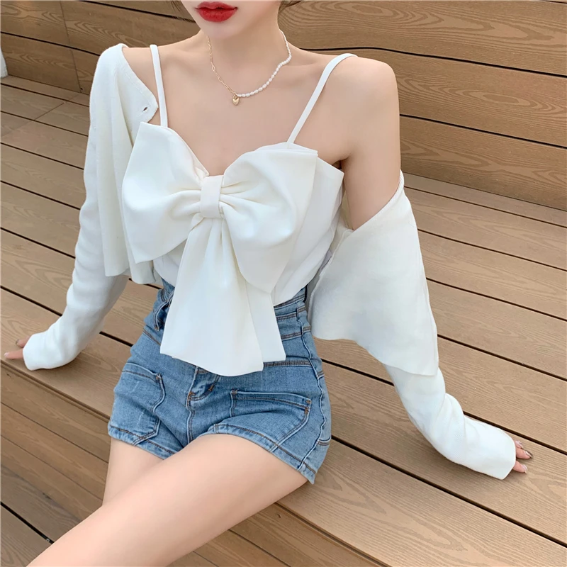 

Summer White Woman Bowknot Vest Backless Female Strap Tops Short Design Irregular Young Lady Slim Camis Sweet Beach Clothes Cute