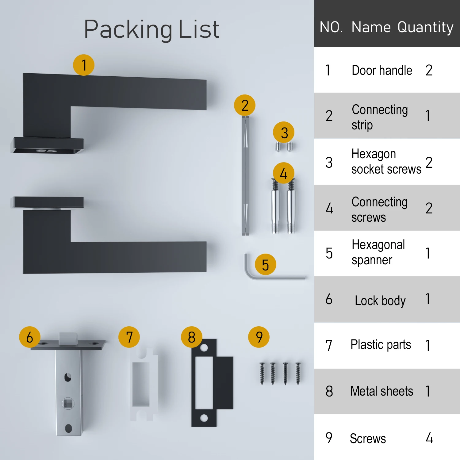 Door Handle Lock VERQNI MANIGLIE & ACCESSORI HRAB-223 Minimalist Door Handle Lock Set Rectangular Matte Black Gold Anti-corrosion Interior Room