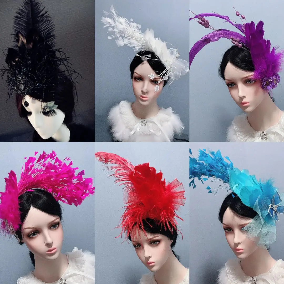 

2023 Women Perform Banquet Feather Tree Headwear Ornament Chic Cosplay Bride Wedding Hair Clip Rhinestone Mesh Hairpin Accessory