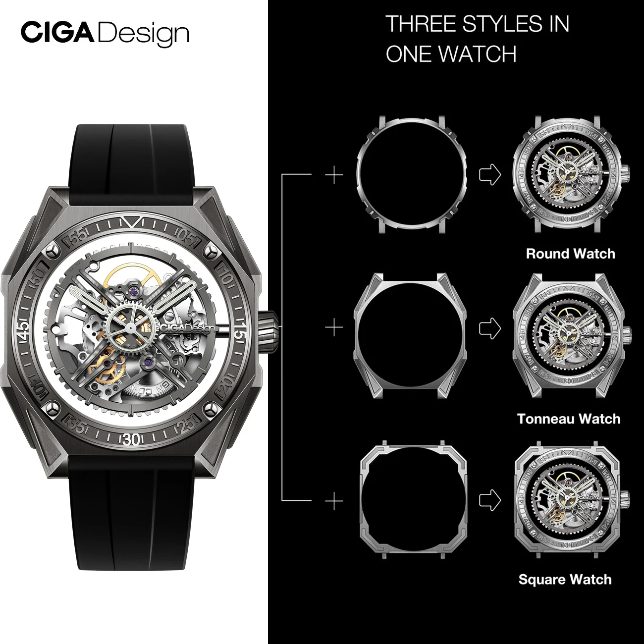 CIGA Design 3 in 1 Titanium Automatic Watch for Men Magician Series Skeleton Mechanical Wristwatch Fluororubber Strap 3 Pcs Case 2