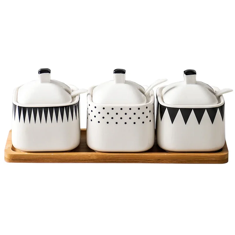Modern Black and White Irregular Pattern Ceramic Spice Jar Bottle Household Kitchen Salt Sugar Seasoning Box Grain Jar Container