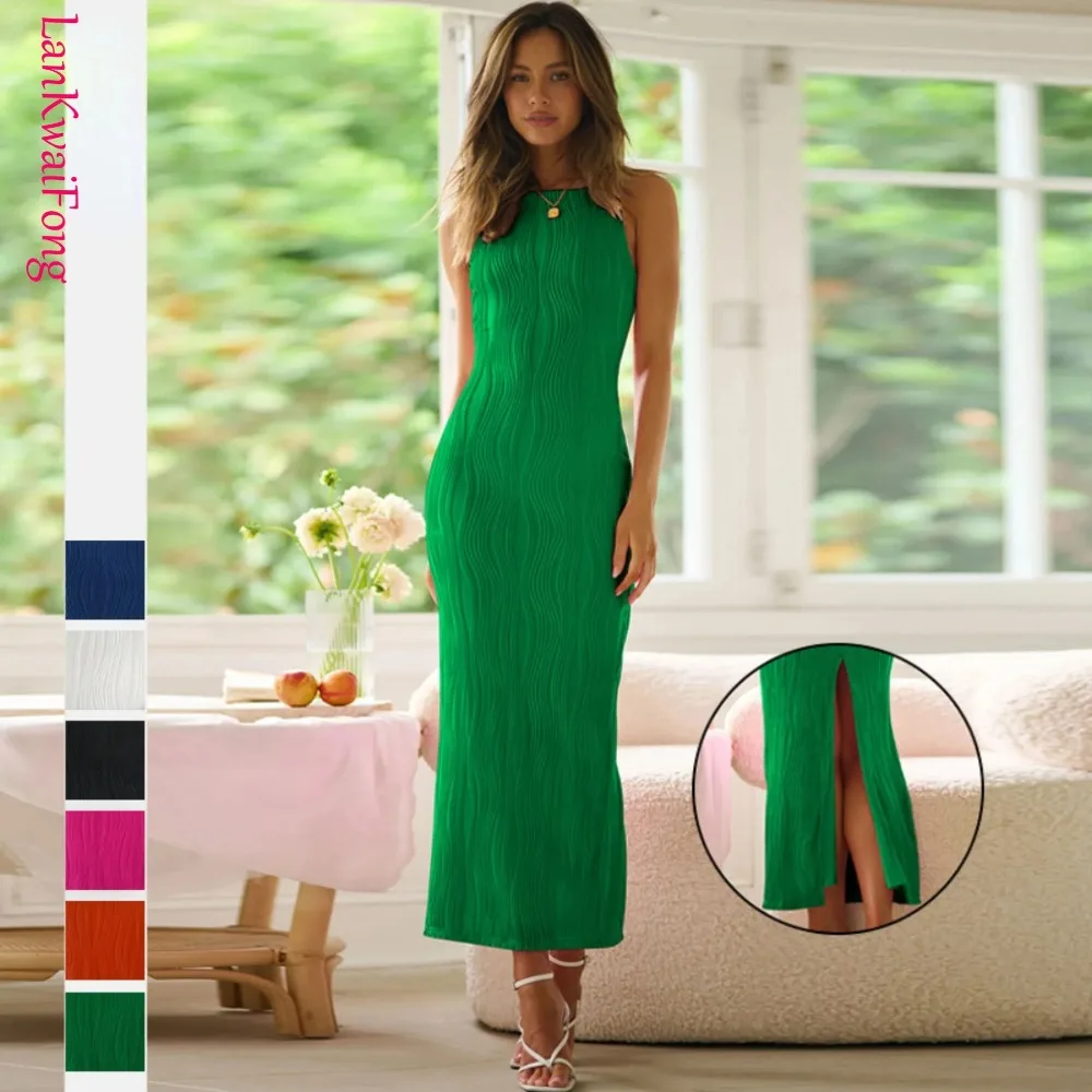

2024 Light Mature Women's Dress Stripe Sexy Hanging Strap Open Back Zipper Split Casual Dress