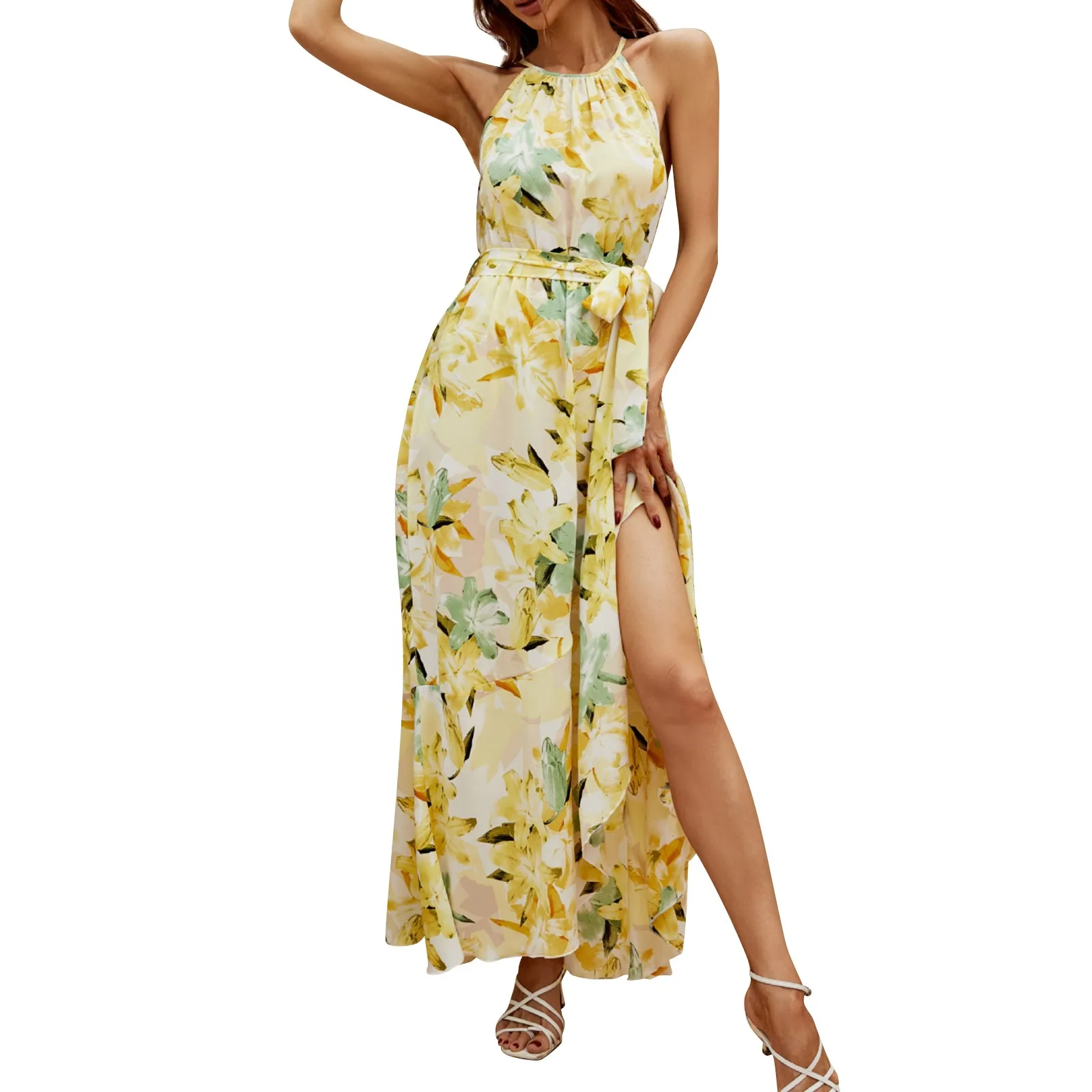 Summer Women's Dress 2023 New Luxury Long Dresses Fashion Loose Halter Neck Sleeveless Print