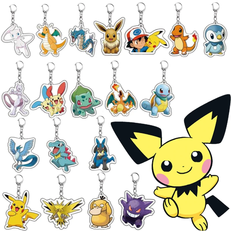 

Pokemon Pikachu Keychain Anime Action Figures Charizard Gengar Eevee Mewtwo Acrylic Double-sided Keychains Toys Pendant Gifts