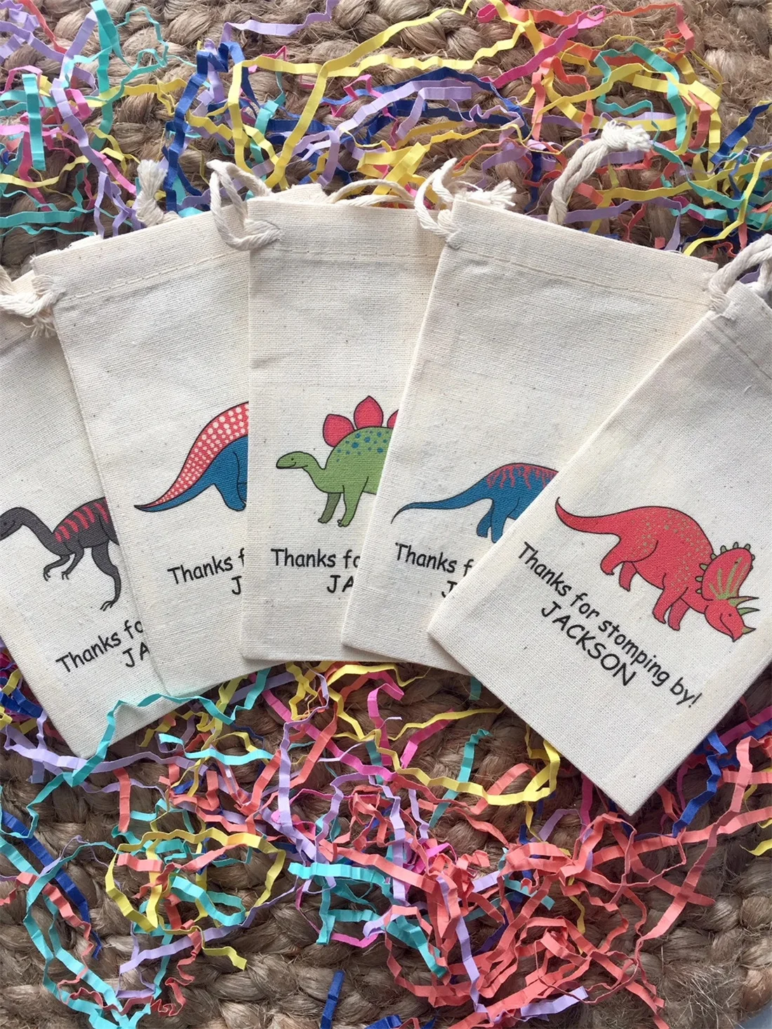 

20pcs Personalised Dinosaur Birthday Party Favors - Custom Muslin Cotton Baby Shower Baptism Gift Bags