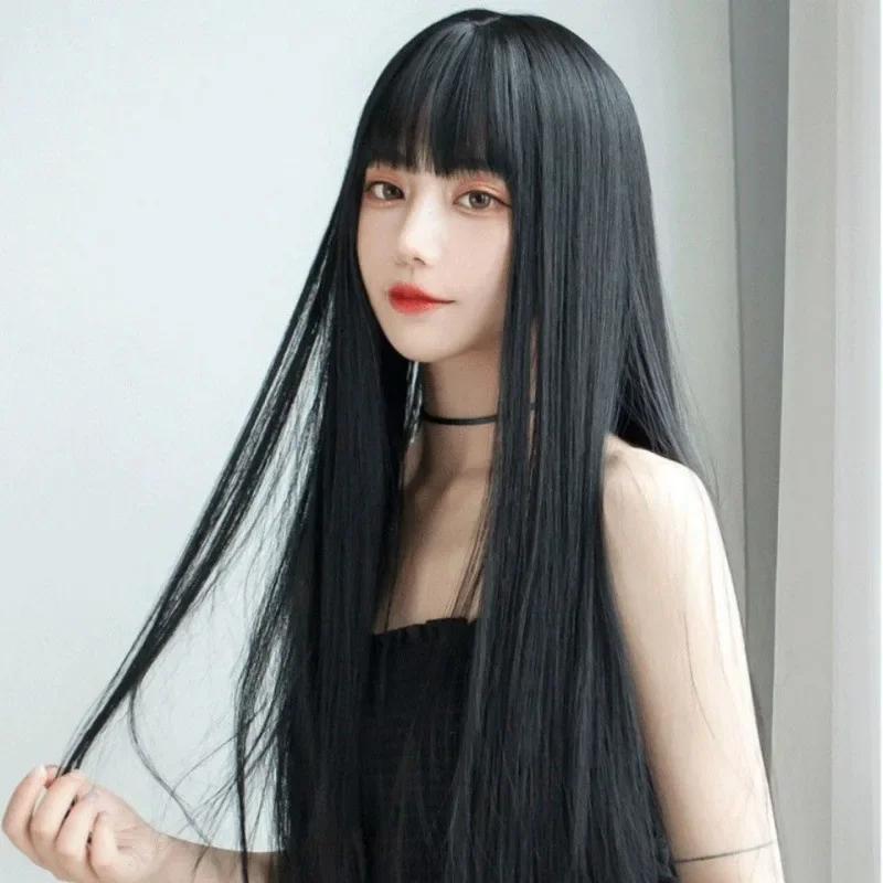 Korean Women's Black Long Hair Wig Soft Trendy Realistic Head Cover Japanese Net Red Airy Bangs Elegant Face Shaping